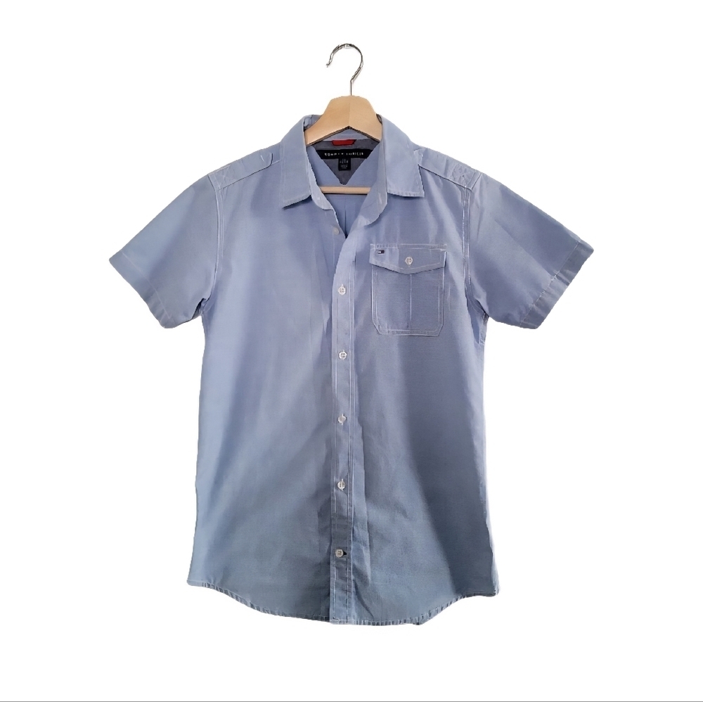 TOMMY HILFIGER Boys Light Blue Shirt Size L Preppy Classic Timeless